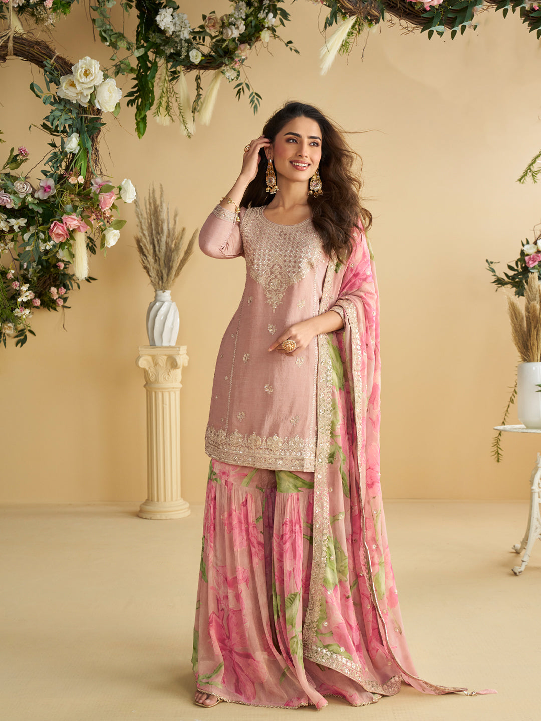Evanik Women Pink Chinon Silk Zari Embroidered Sequins Sharara Suit