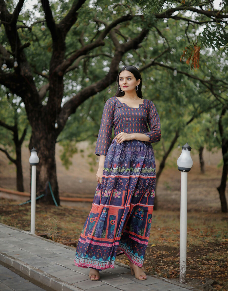 Aayaa Pure Chanderi Gown With Heavy Digital Print - Multi Color