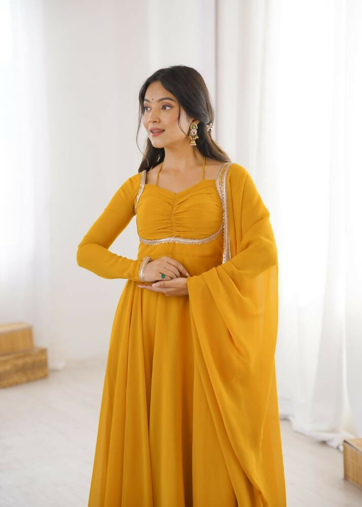 Lehenga Mart Designer Anarkali Suit With Kurta, Dupatta For Women-Yellow