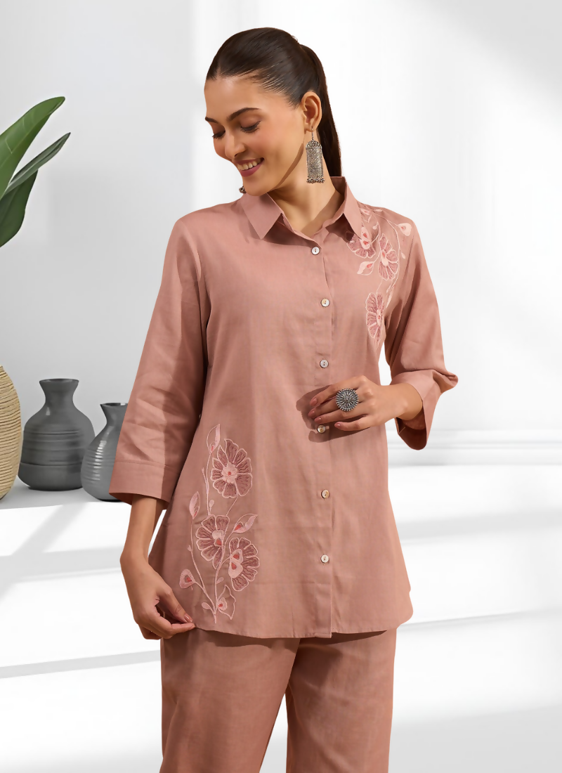 Joban Fashion Powder Pink Cotton, Linen Embroidered Readymade Cord Set