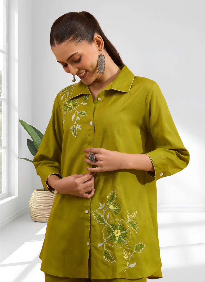 Joban Fashion Green Cotton, Linen Embroidered Readymade Cord Set