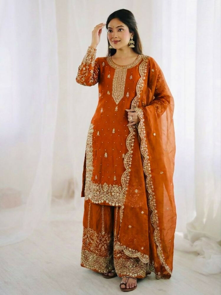 Teeya Creation Orange Color Fendy Silk Embroidery Work Wedding Wear Salwar Suit