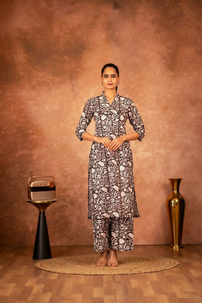 Joban Fashion Black Floral Hand Block Printed Cotton Kurta Pant Set