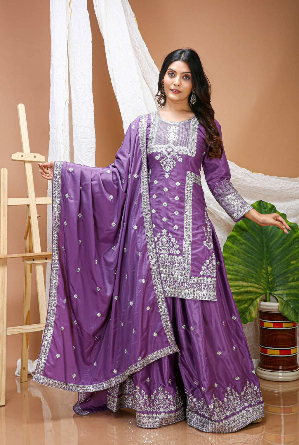 Lehenga Mart Designer Sharara Suit With Kurta, Sharara, Dupatta For Women-Lavender Violet