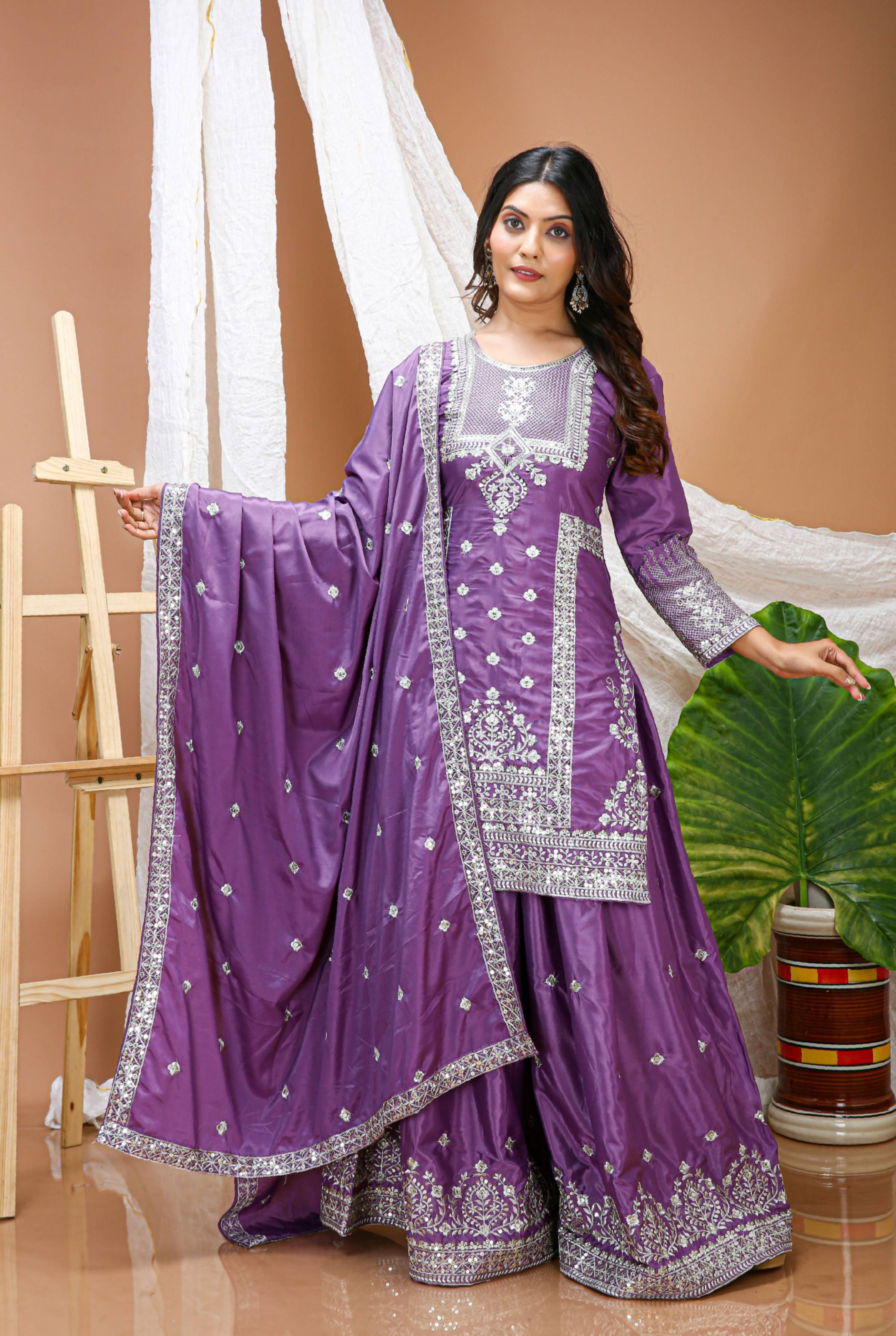 Lehenga Mart Designer Sharara Suit With Kurta, Sharara, Dupatta For Women-Lavender Violet