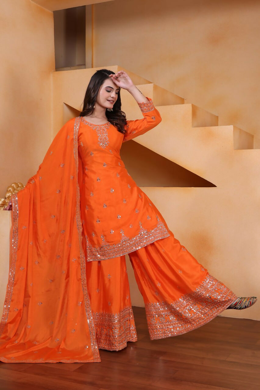 Joban Fashion Orange Silk Embroidered Sharara Set