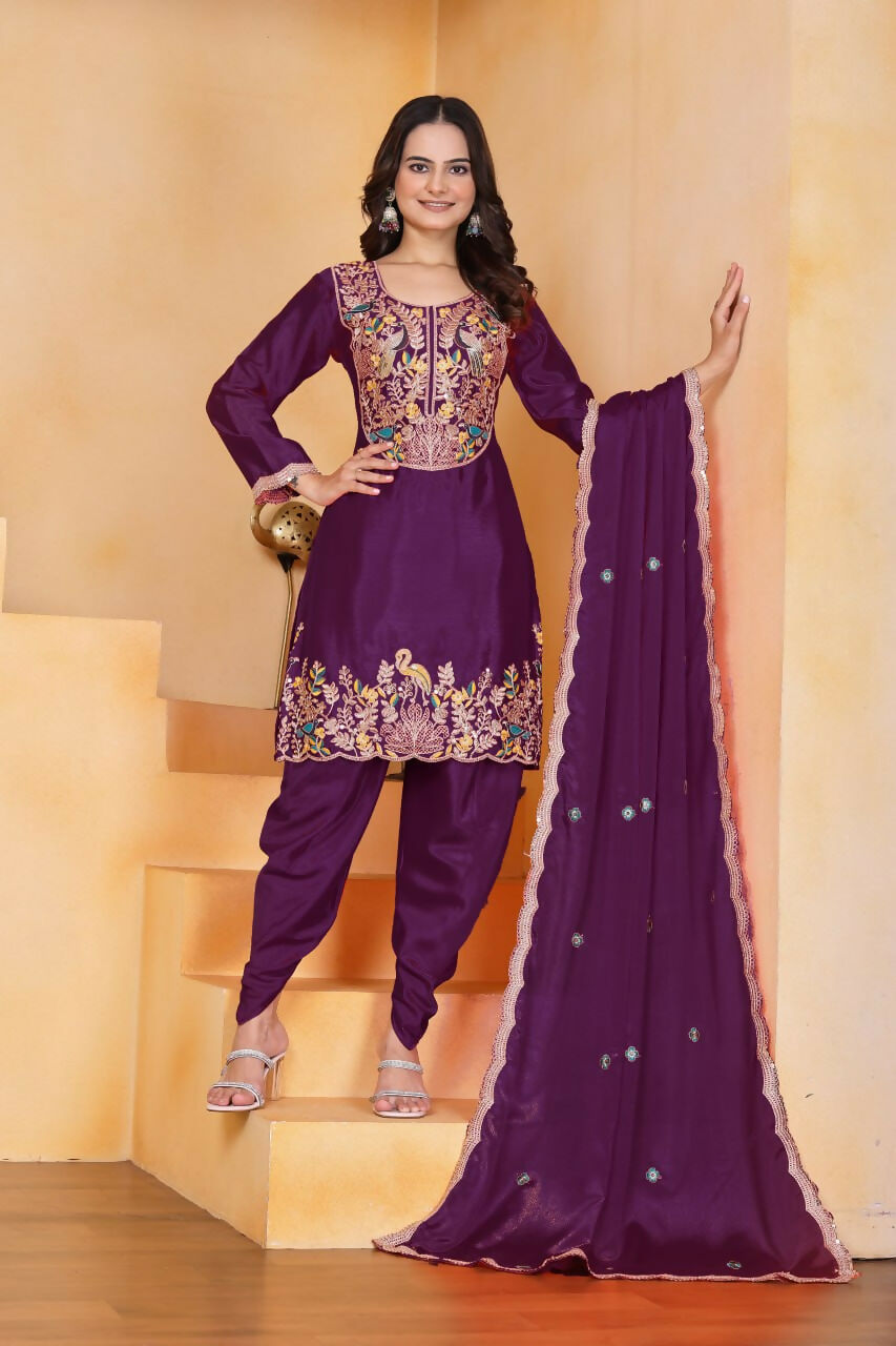 Teeya Creation Wine Color Chinon Silk Party Wear Punjabi Dhoti Suit