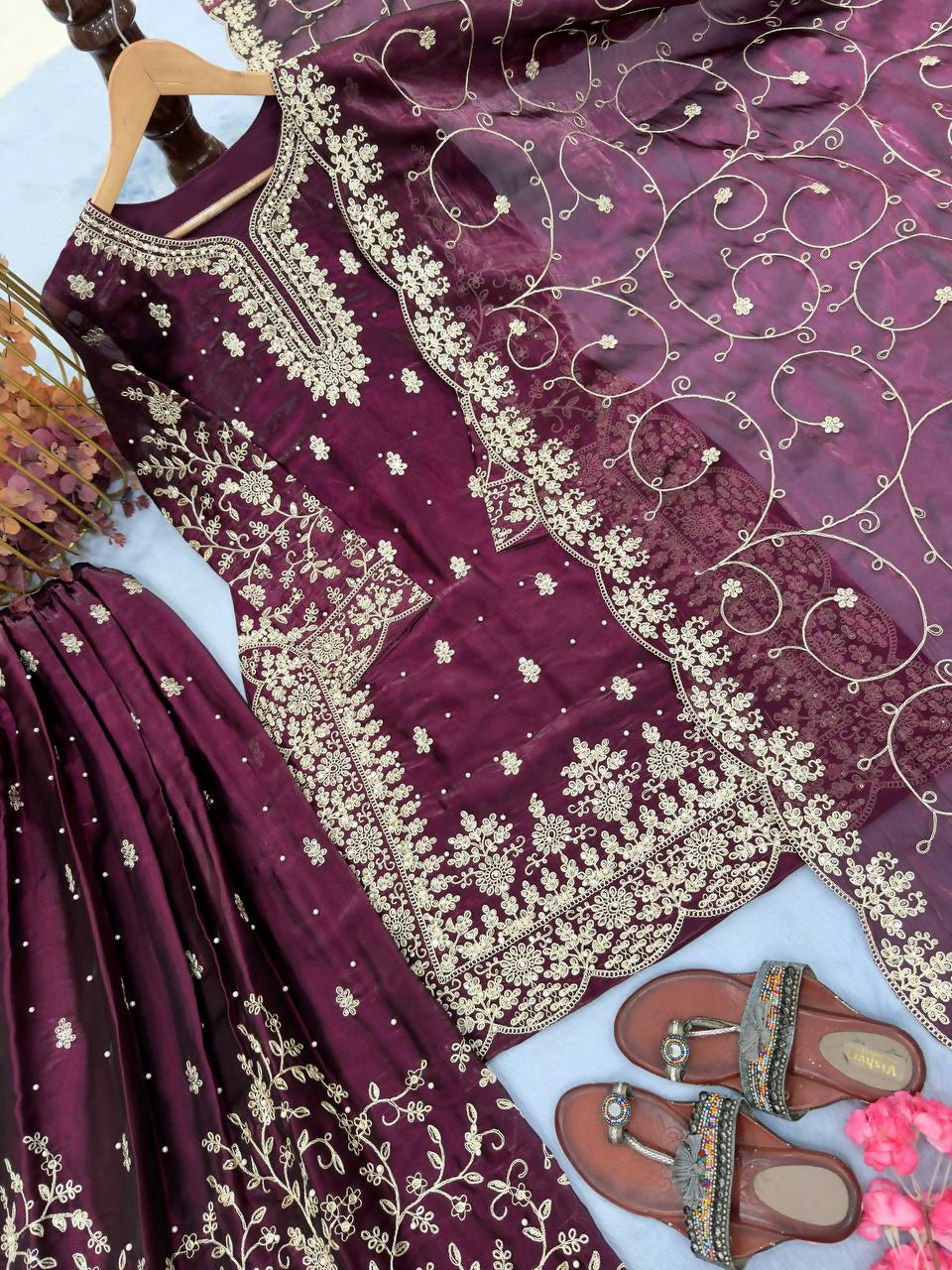Teeya Creation Wine Pure Silk Gimmy Silk Heavy Embroidery Work Wedding Wear Palazzo Pair