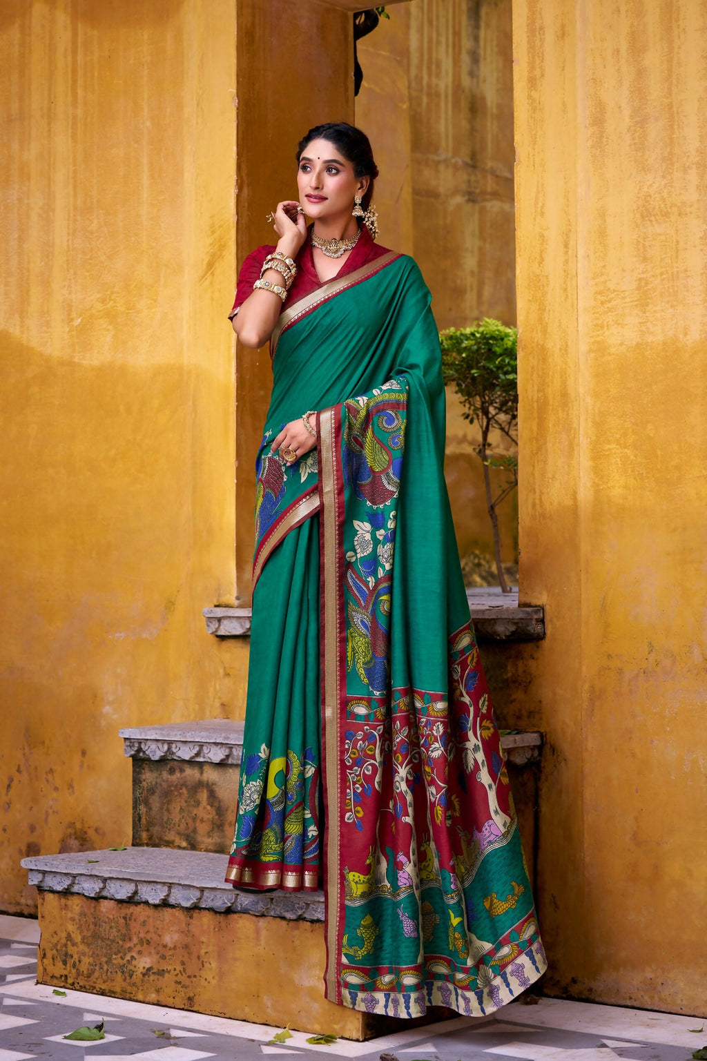 Vastranavya Firozi Viscose Chanderi Kalamkari Print with Zari Working Saree & Unstitched Blouse