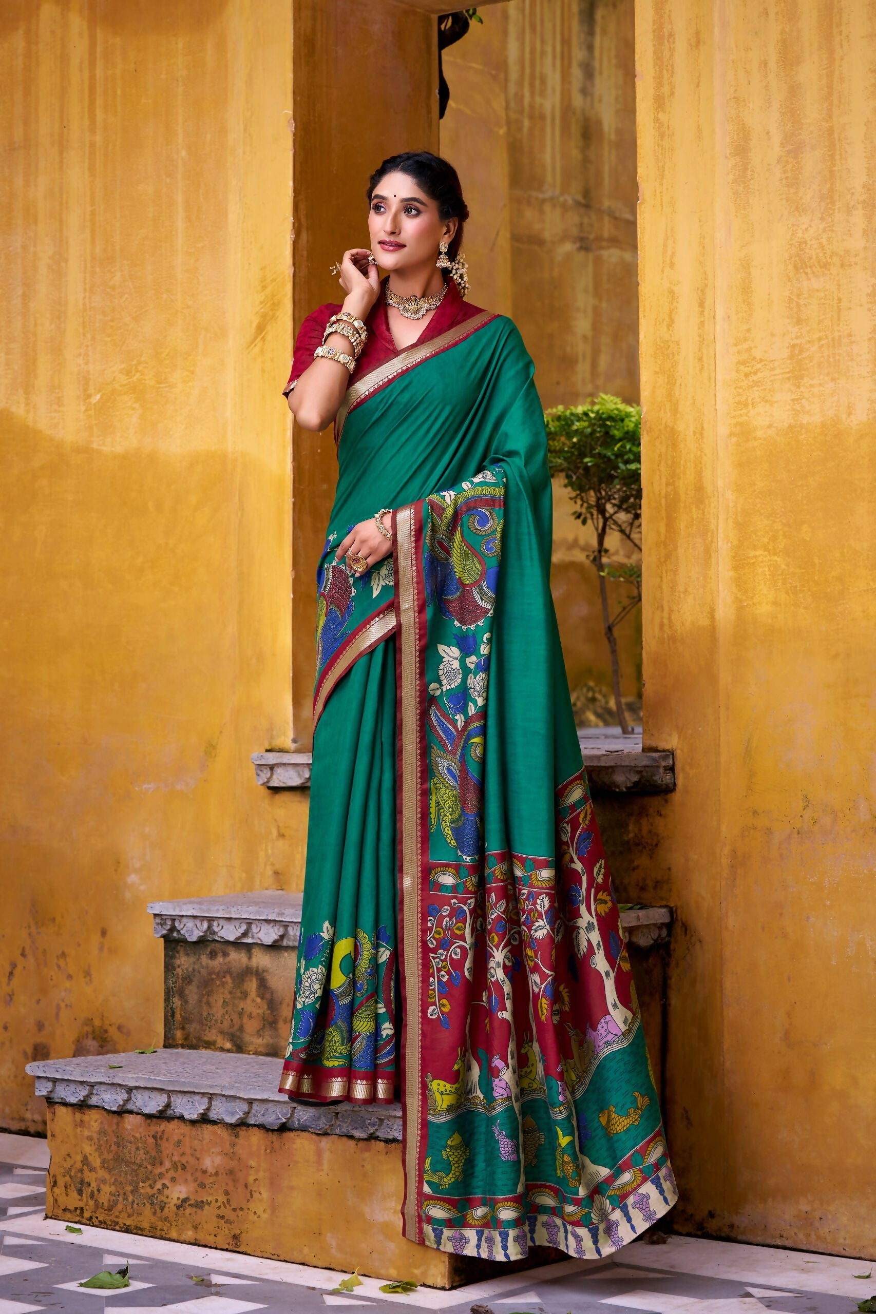 Vastranavya Firozi Viscose Chanderi Kalamkari Print with Zari Working Saree & Unstitched Blouse