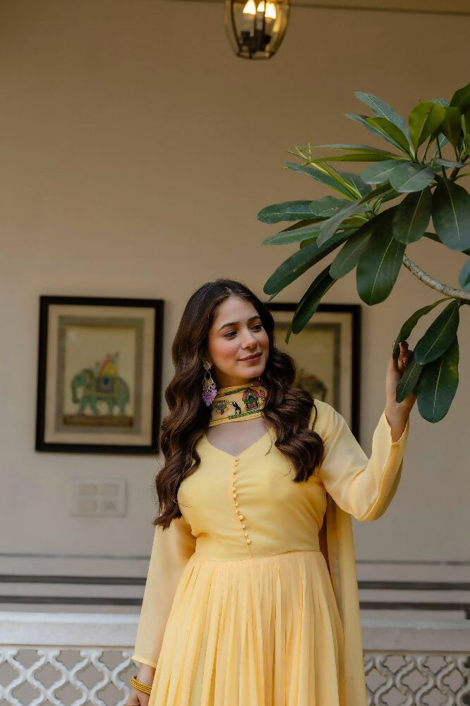 Teeya Creation Yellow Color Faux Georgette Heavy Embroidery Work Party Wear Long Gown