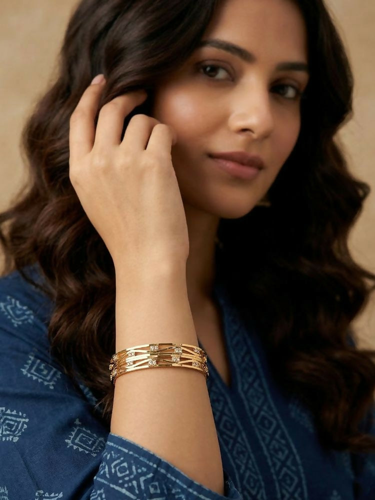 NVR Women Set of 2 Gold Plated CZ Stone Bangle