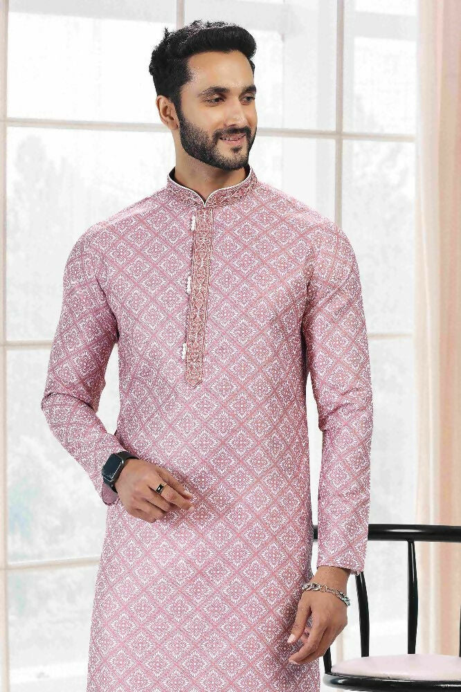 Raivat Ethnic Cotton Thread Work Kurta Pajama In Baby Pink Colour