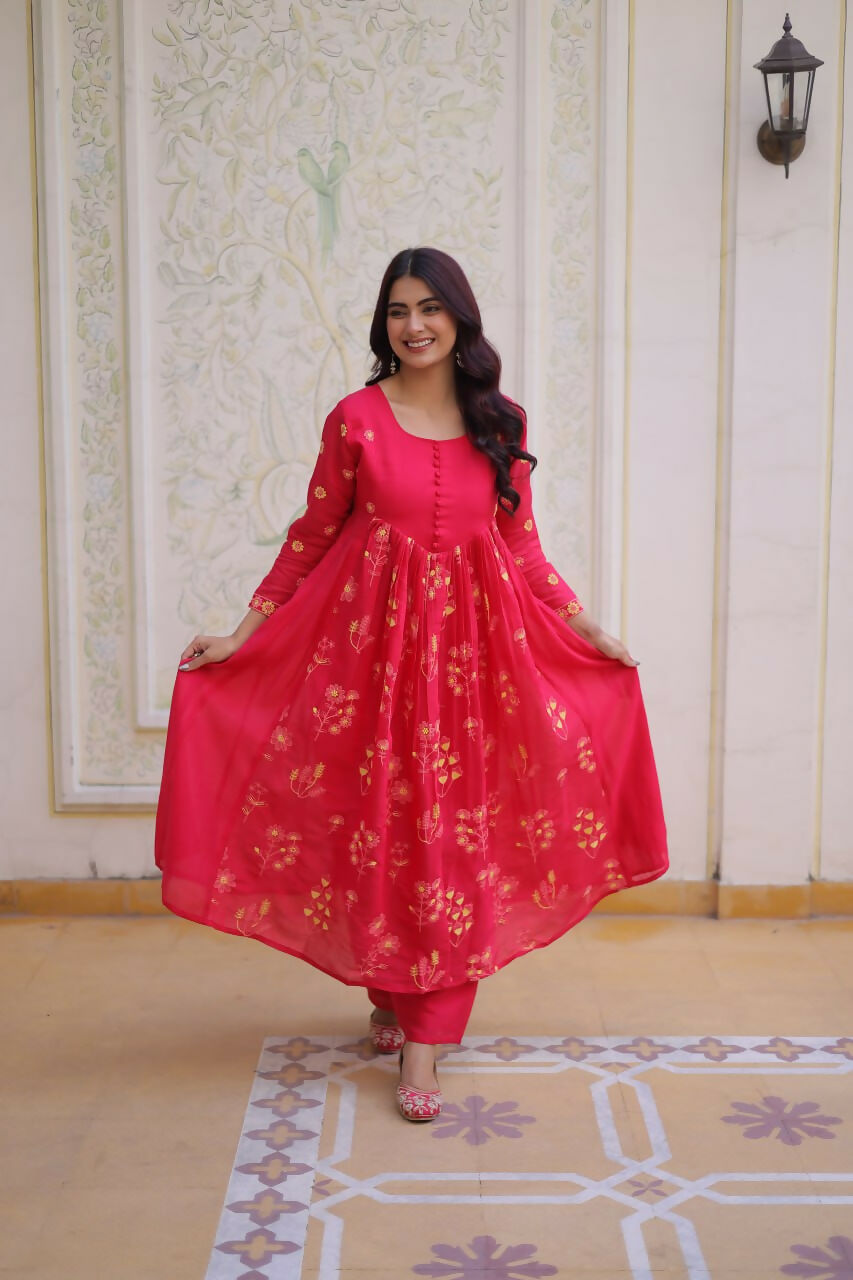 Teeya Creation Womens New Fancy Mul Chanderi With Embroidered Work Gown Set