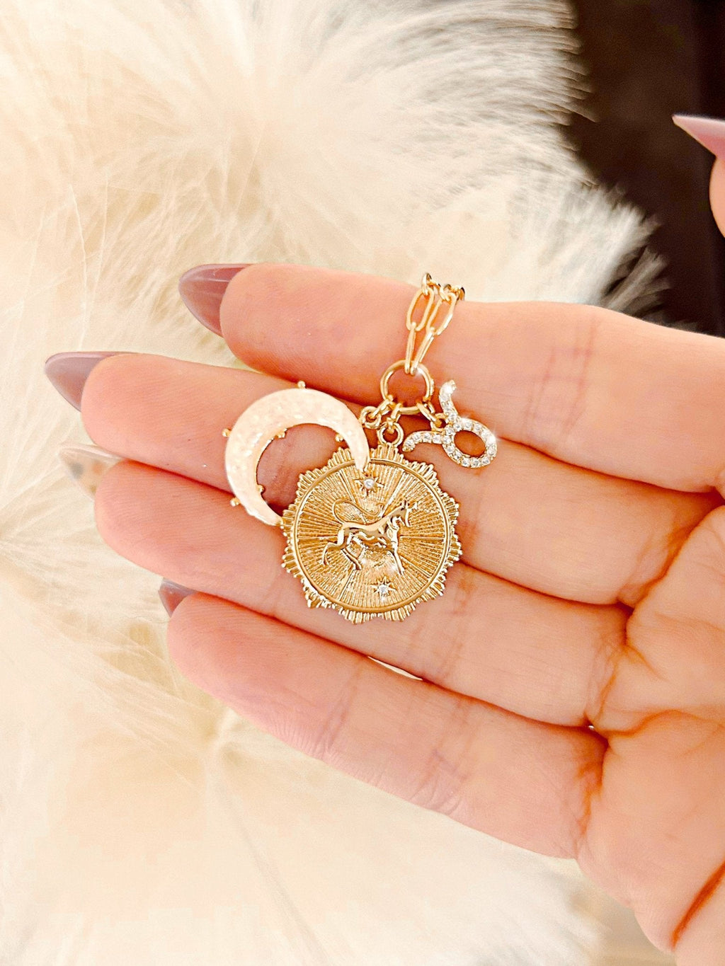 3 Charm Zodiac & Moon Cubic Zirconia Pendant Necklace