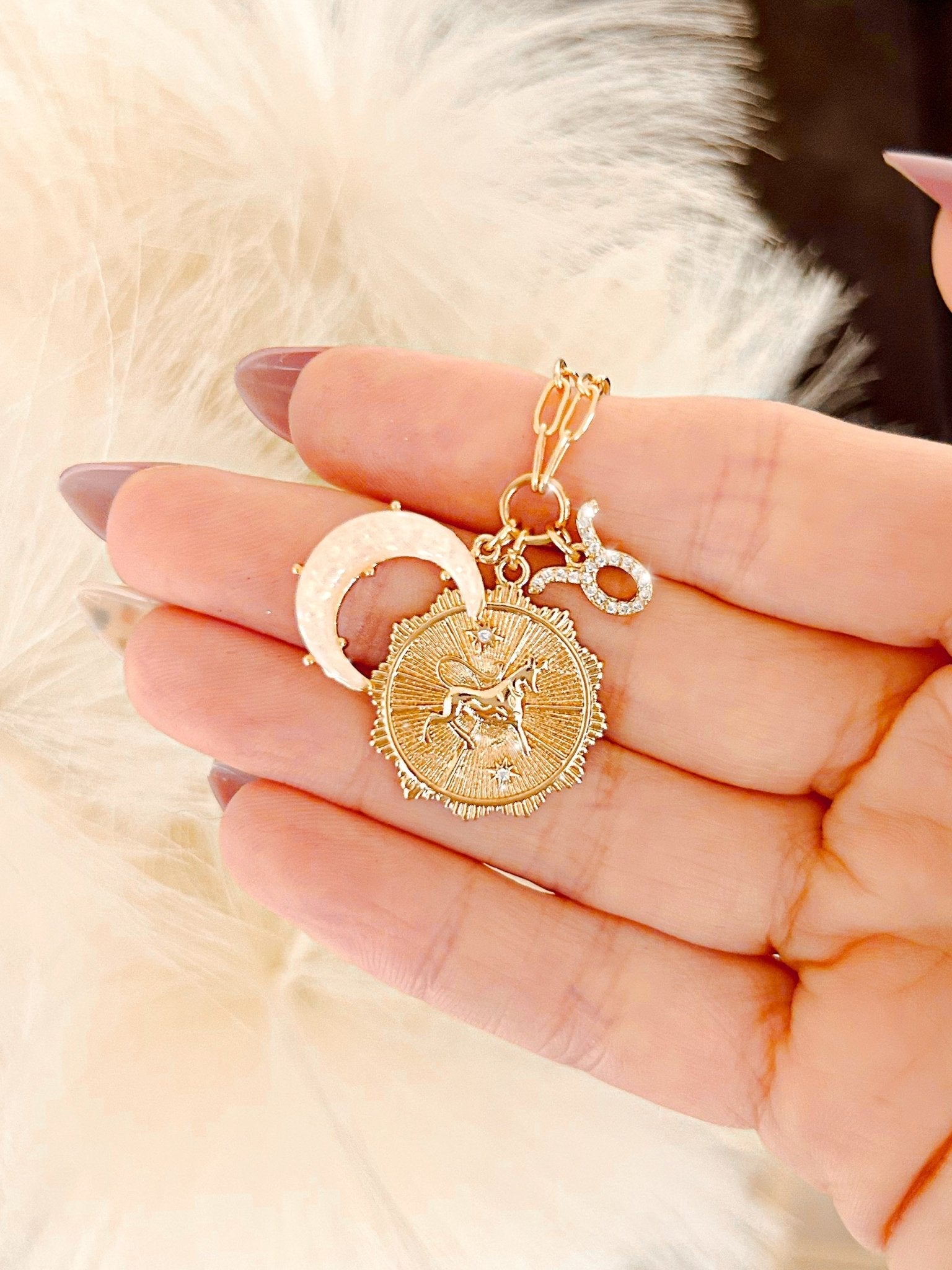 3 Charm Zodiac & Moon Cubic Zirconia Pendant Necklace