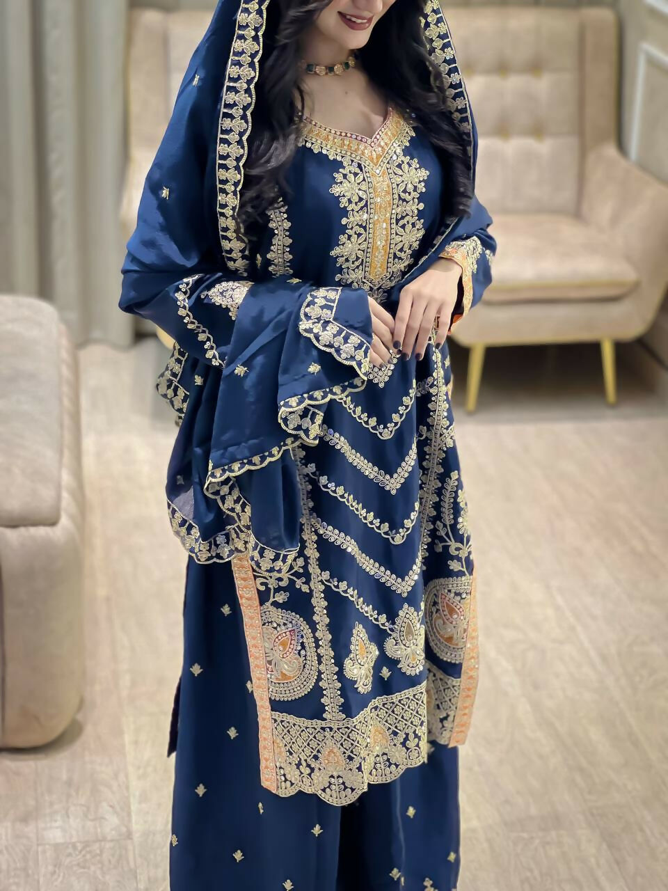 Teeya Creation Blue Color Chinon Silk Party Wear Trending Palazzo Set