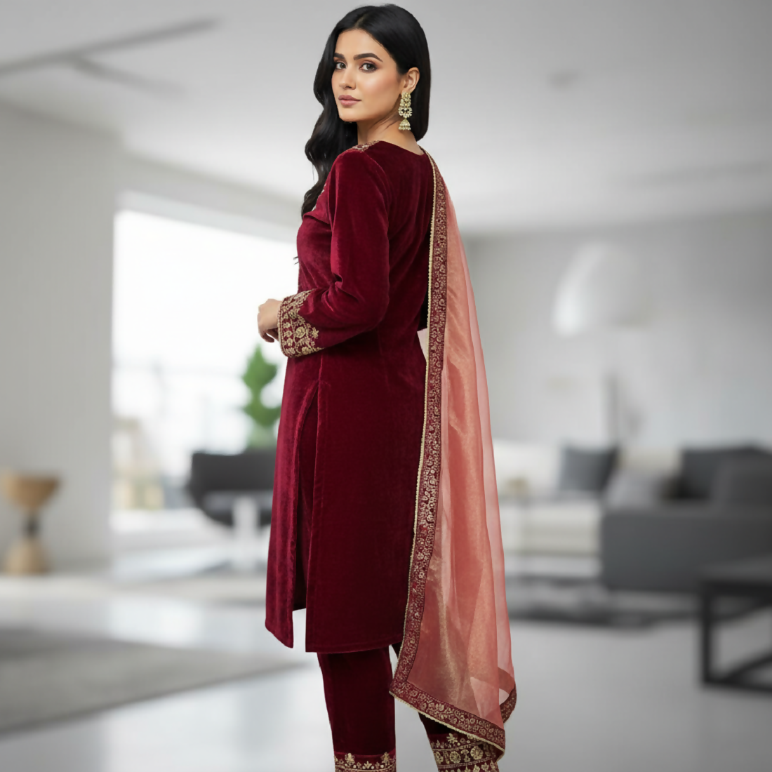 Joban Fashion Maroon Kurta Set Velvet Embroidery Sequence Work
