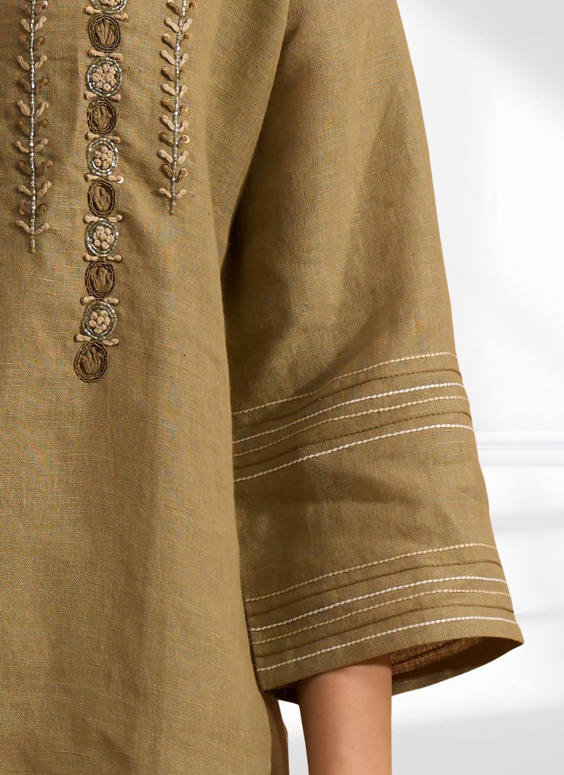 Joban Fashion Light Brown Linen Embroidered Readymade Tunic