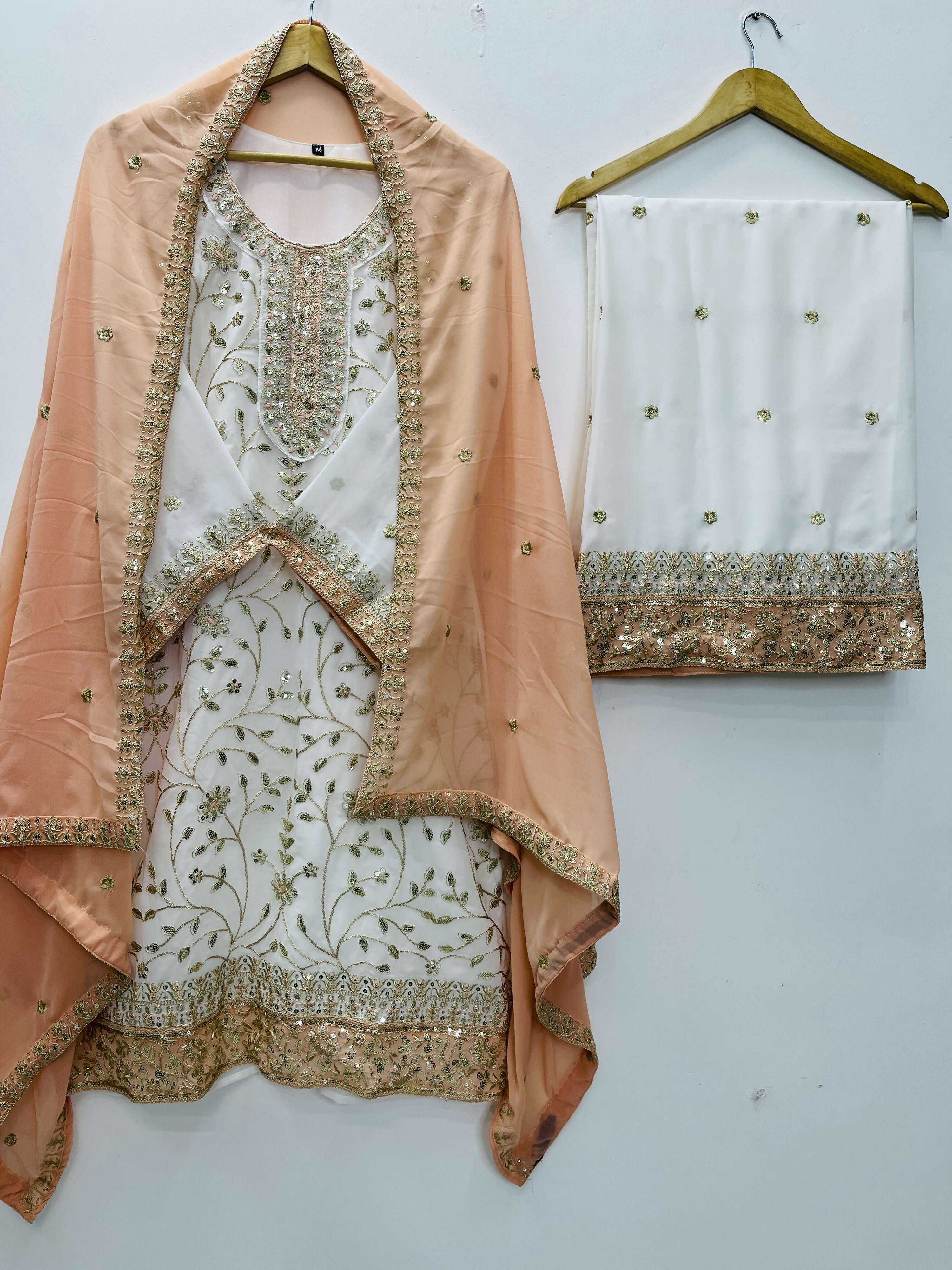 Teeya Creation White Color Faux Georgette Embroidery Work Long Party Wear Palazzo Suit