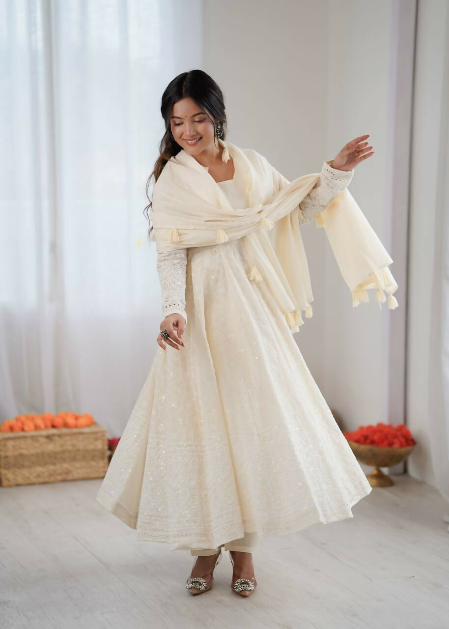 Teeya Creation Cream Kora Cotton Designer Embroidery Work long Gown