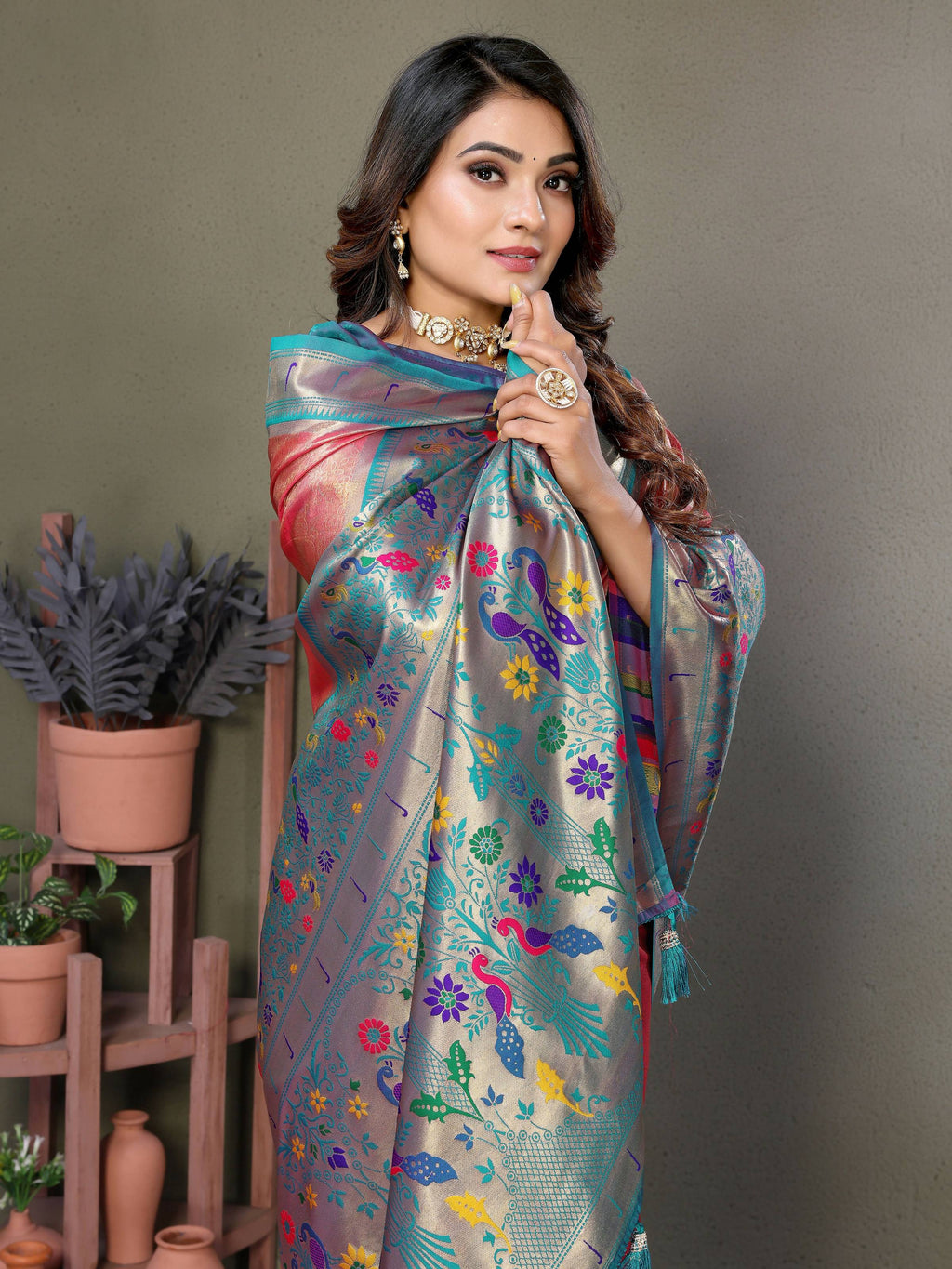Aastha Fashion Dusty Pink Tissue Silk Paithani Woven Saree