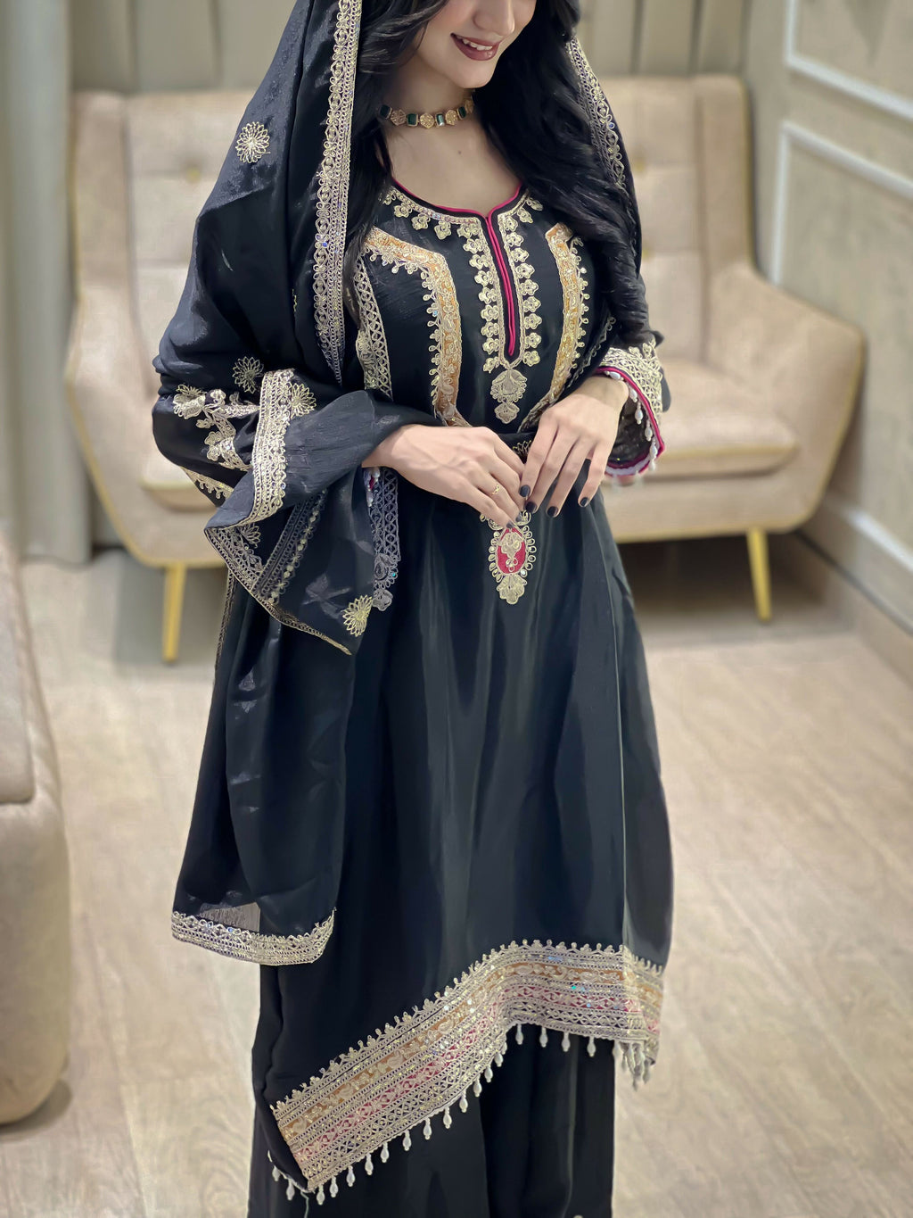 Teeya Creation Black Color Chinon Silk Party Wear Trending Palazzo Set