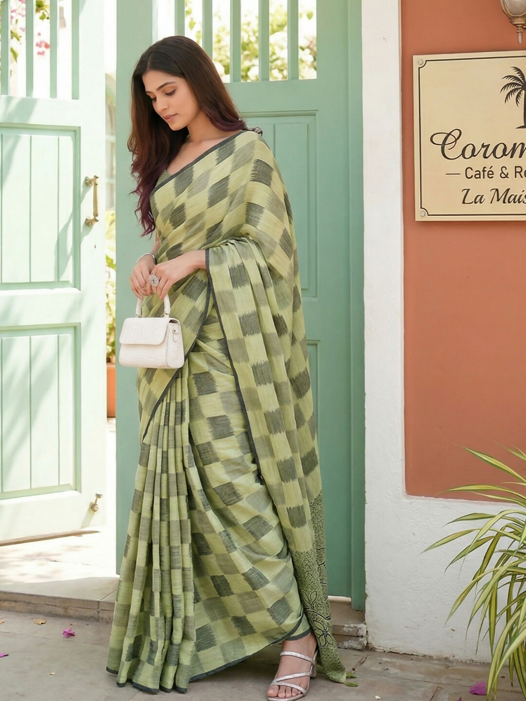 Shree Shyam Fashion Pista Green Linen Cotton Saree