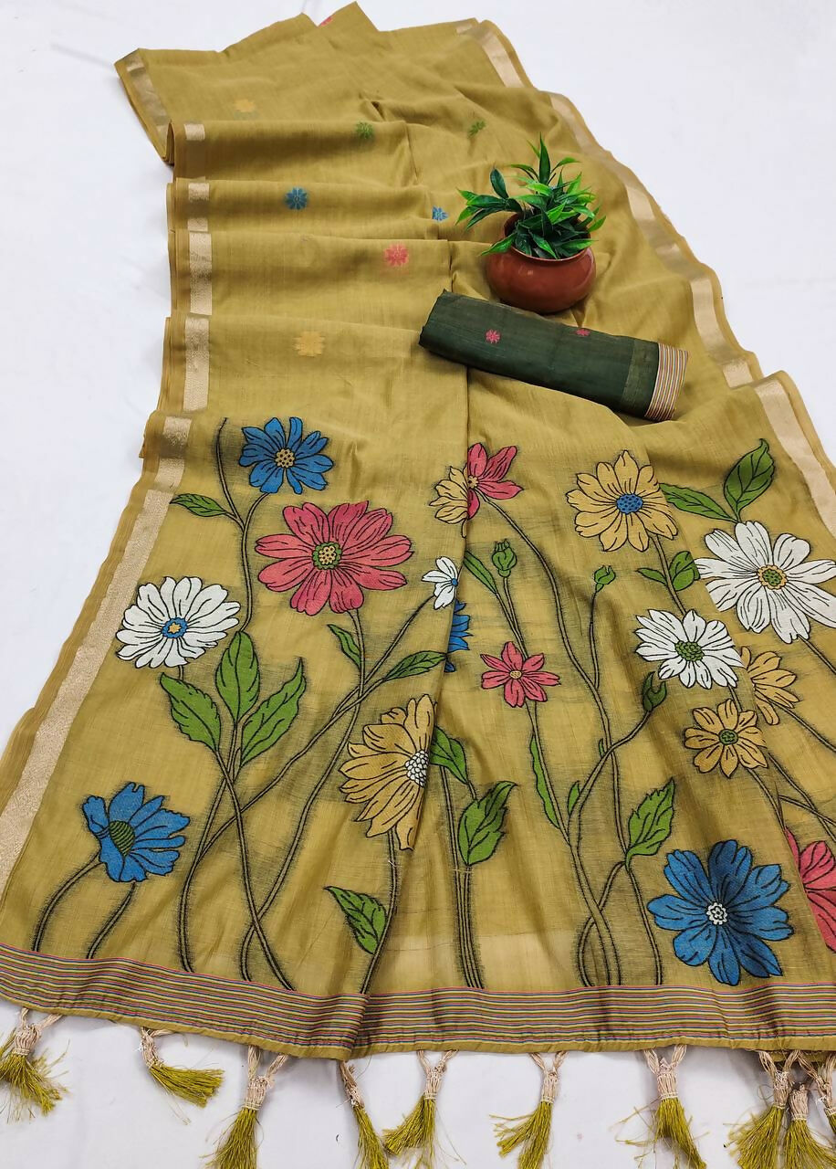 Vastranavya Yellow Muga Cotton Meenakari & Azarakh Pallu Saree with Contrast Blouse