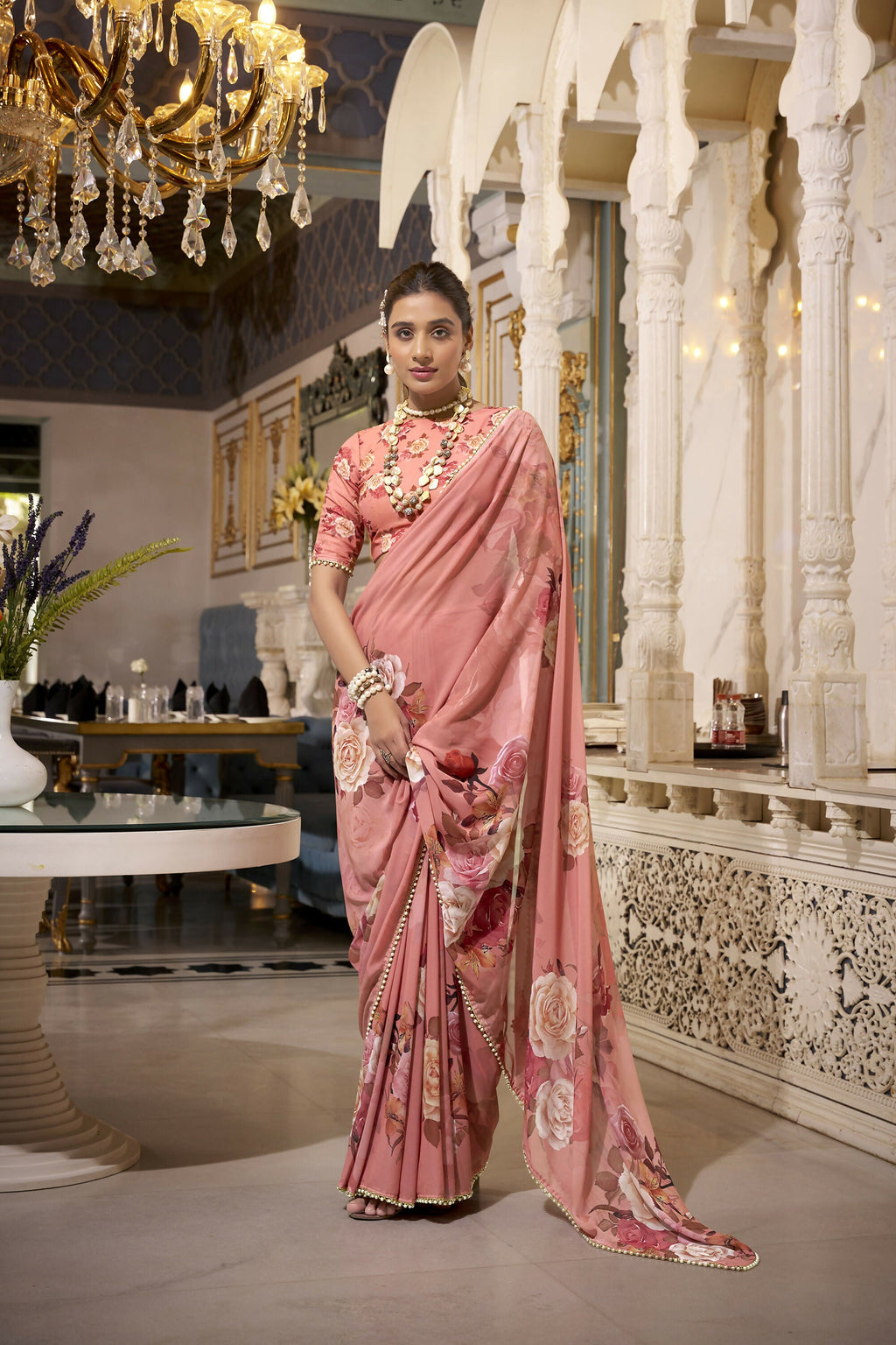Vastranavya Orange Spectacular Georgette Printed with Pearl Lace Saree with Unstitched Blouse