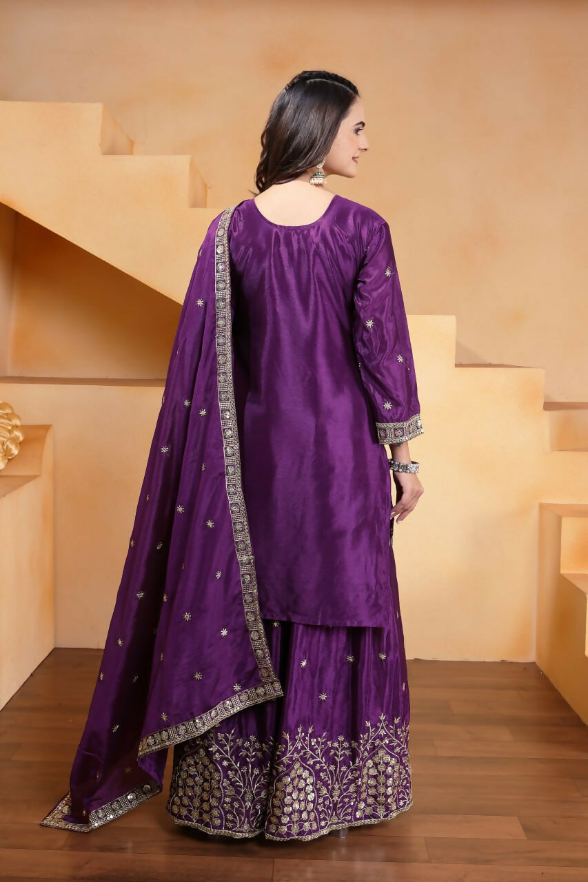Teeya Creation Purple Chinon Embroidery Work Party Wear Palazzo Suit