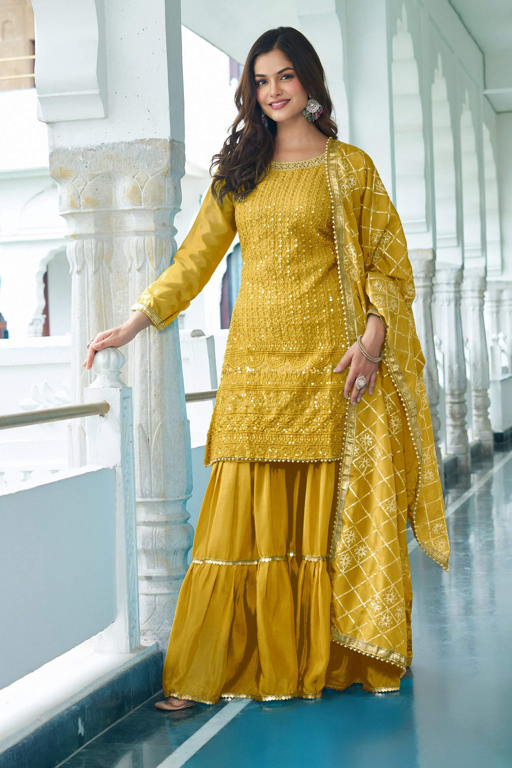 Joban Fashion Yellow Kurta Set Chinon Silk Embroidery Sequence Work
