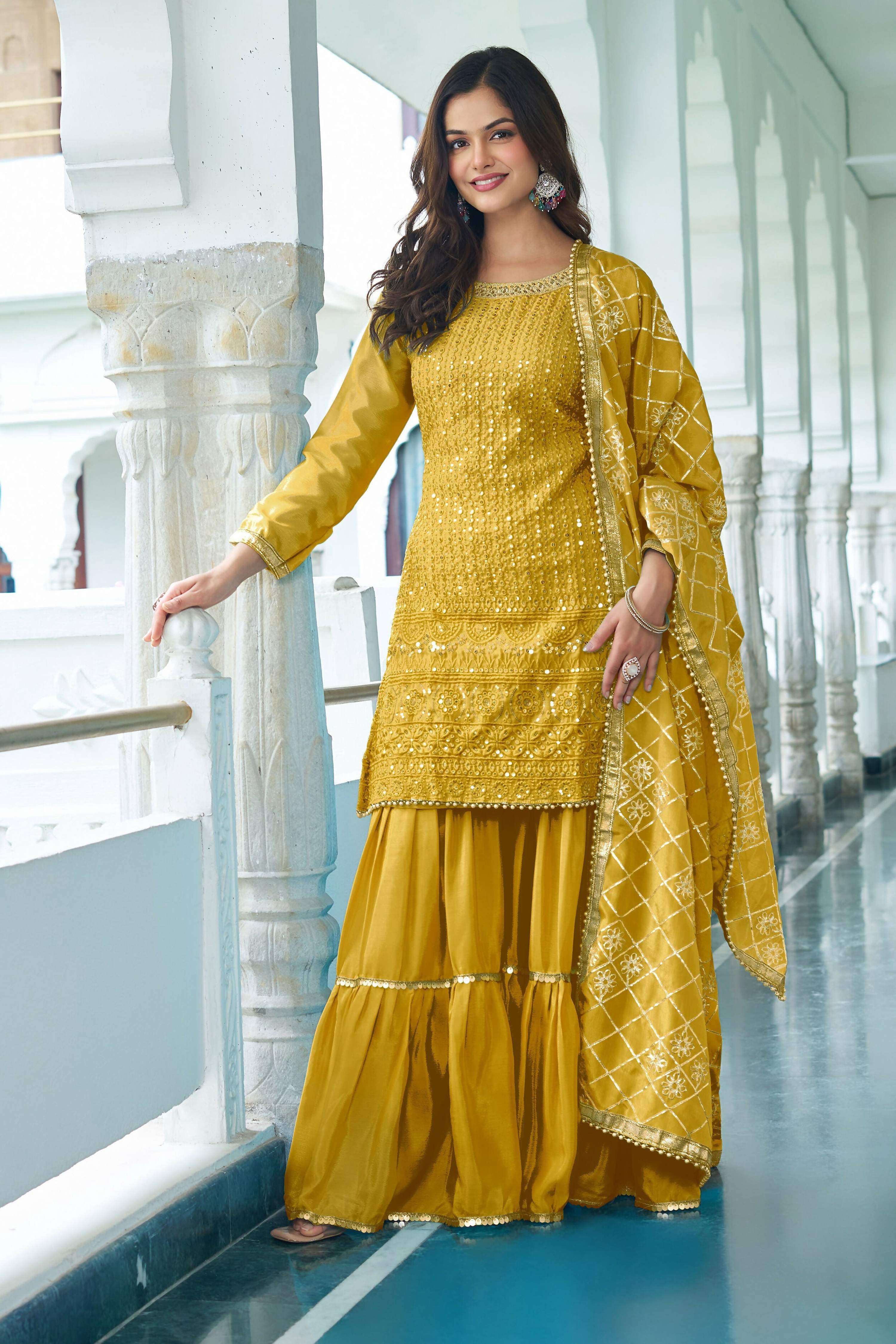 Joban Fashion Yellow Kurta Set Chinon Silk Embroidery Sequence Work