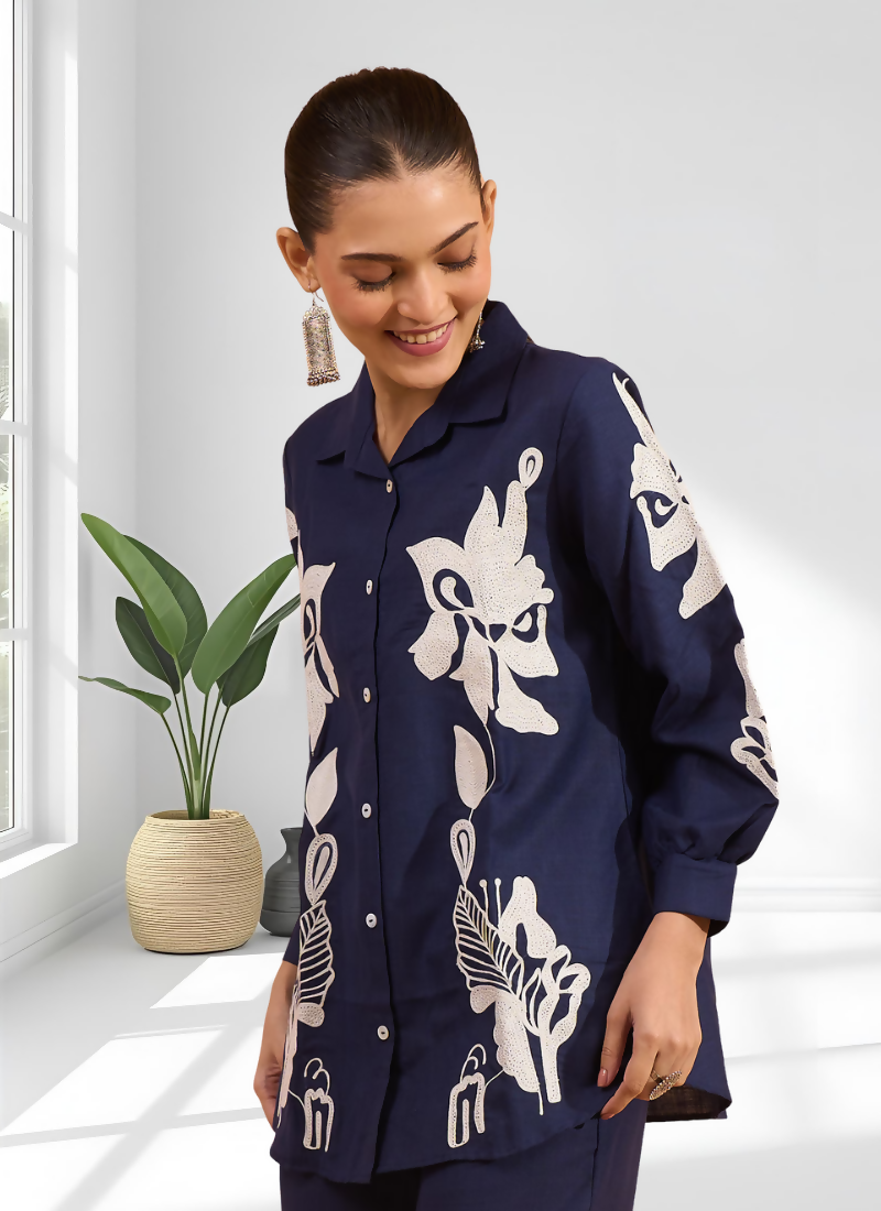 Joban Fashion Navy Blue Cotton, Linen Embroidered Readymade Cord Set