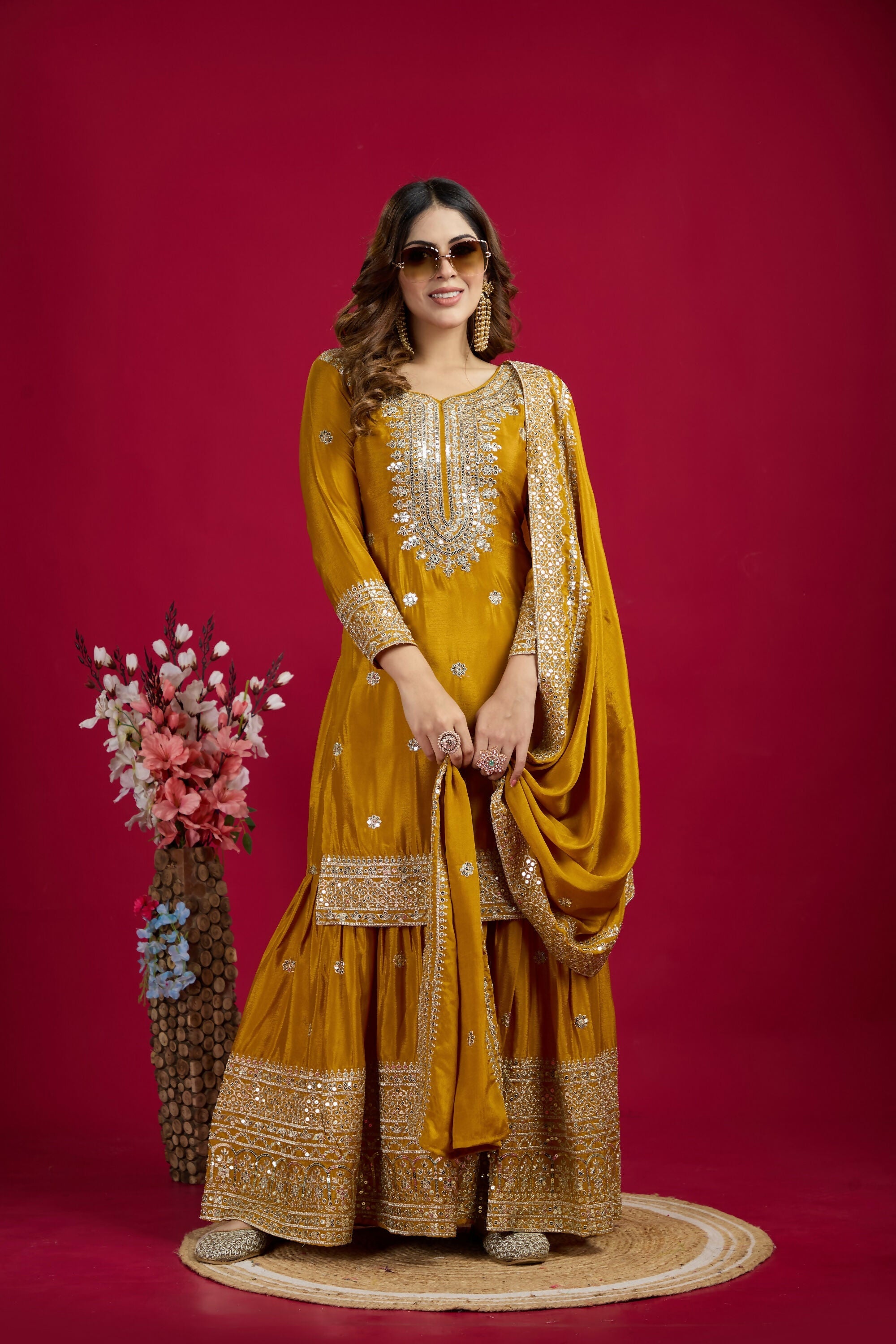 Joban Fashion Yellow Kurta Set Silk Sequins , Zari, Coding & Thread Embroidered work