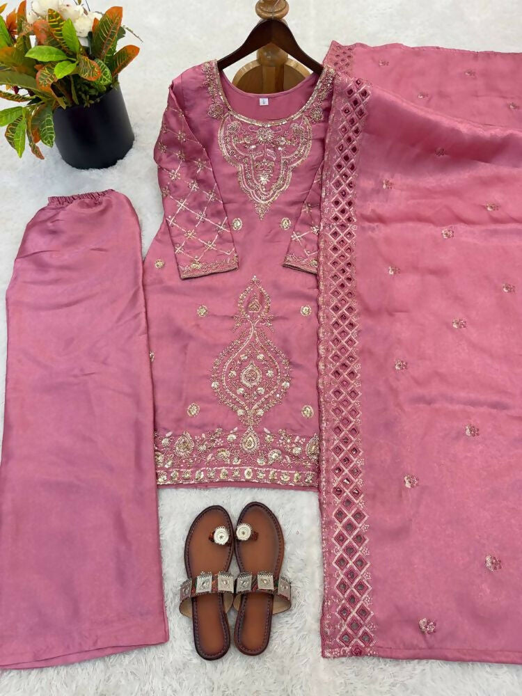 Teeya Creation Pink Color Gimmychu Silk Embroidery Work Wedding Wear Salwar Suit