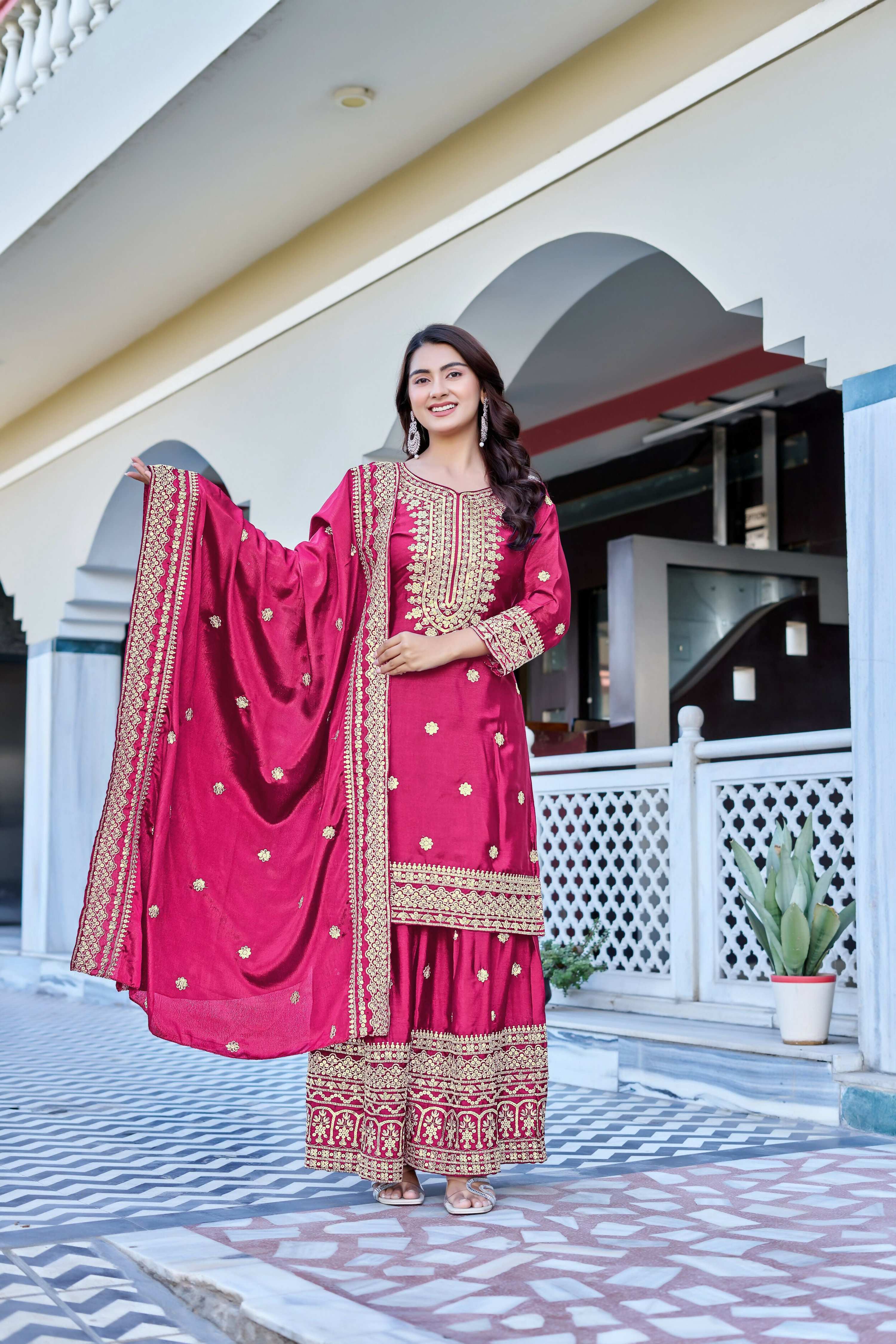 Teeya Creation Pink Color Chinon Silk Heavy Embroidery Work Wedding Wear Sharara