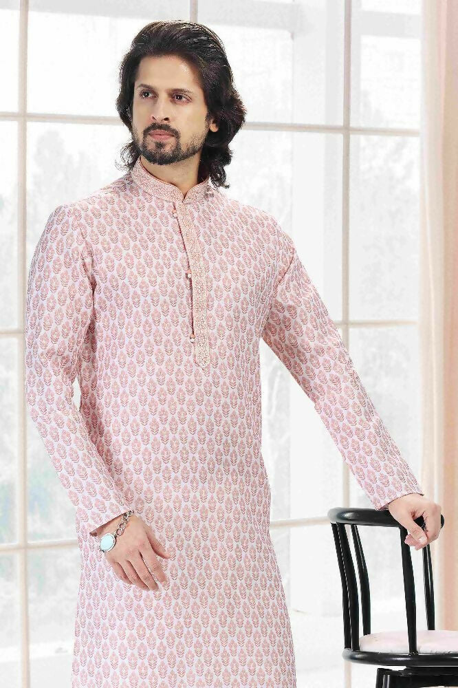 Raivat Ethnic Cotton Thread Work Kurta Pajama In Baby Pink Colour