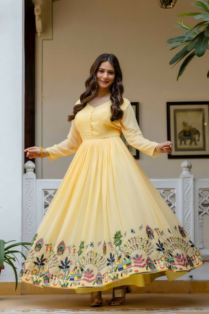 Teeya Creation Yellow Color Faux Georgette Heavy Embroidery Work Party Wear Long Gown
