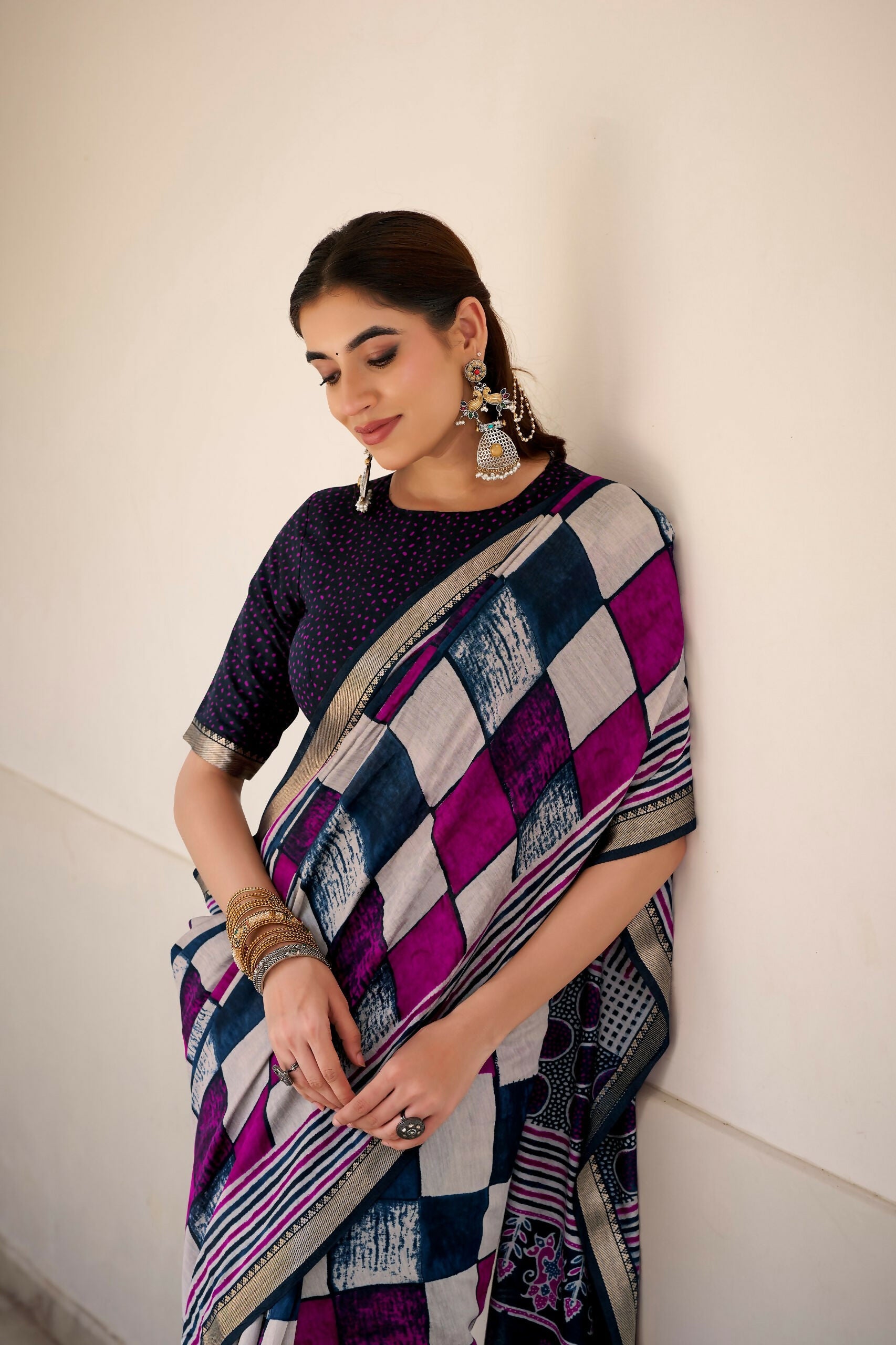 Vastranavya Navy Blue Viscose Chanderi Printed with Temple Border Saree & Unstitched Blouse