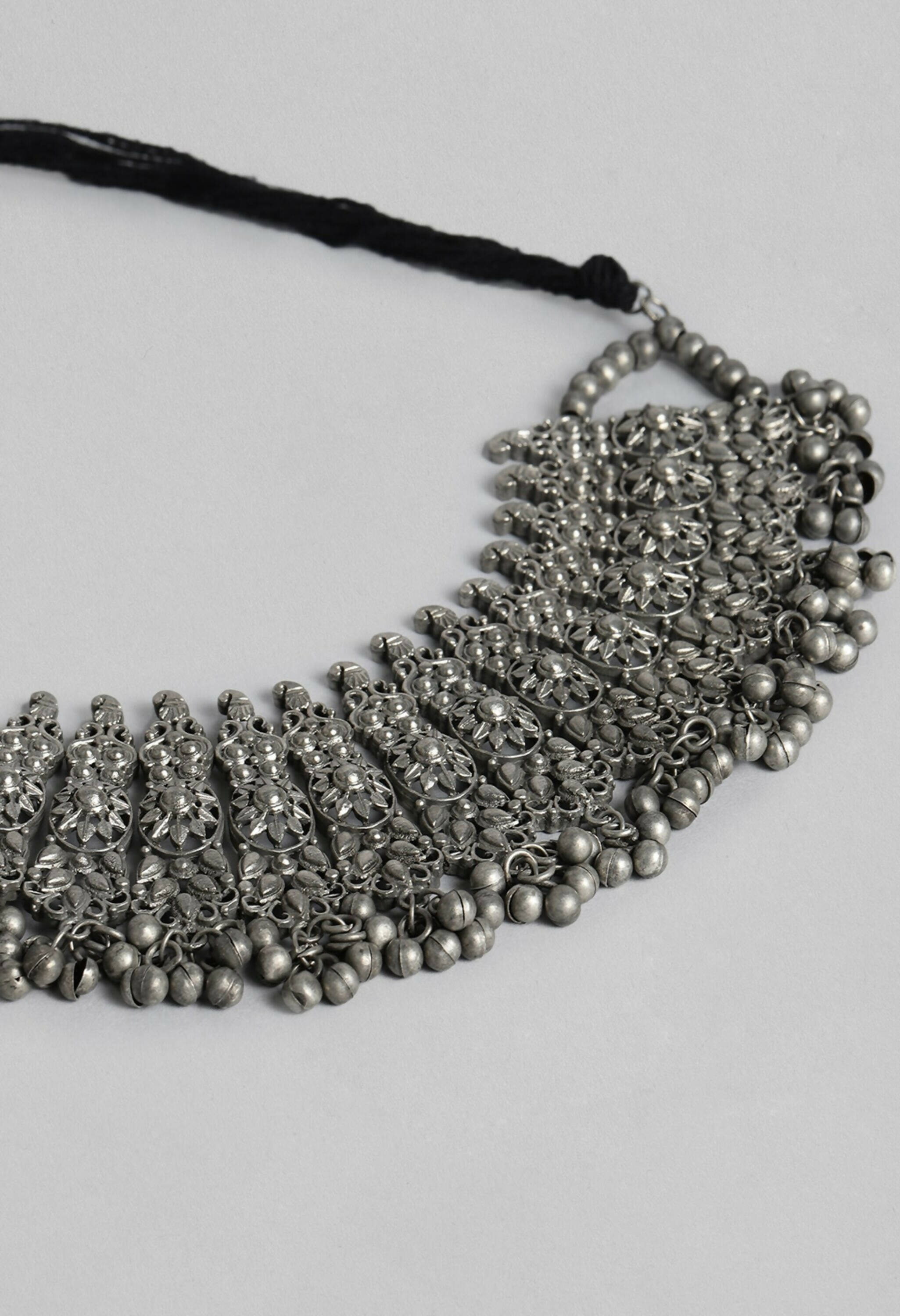 Mominos Fashion Johar Kamal Oxidised Silver-Plated Brass Finish Temple Jewellery with Earrings For Women