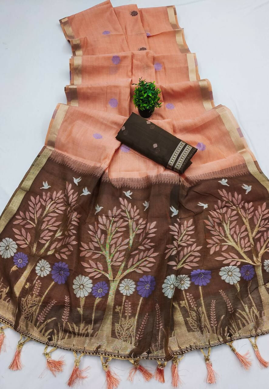 Vastranavya Peach Muga Cotton Meenakari & Azarakh Pallu Saree with Contrast Blouse