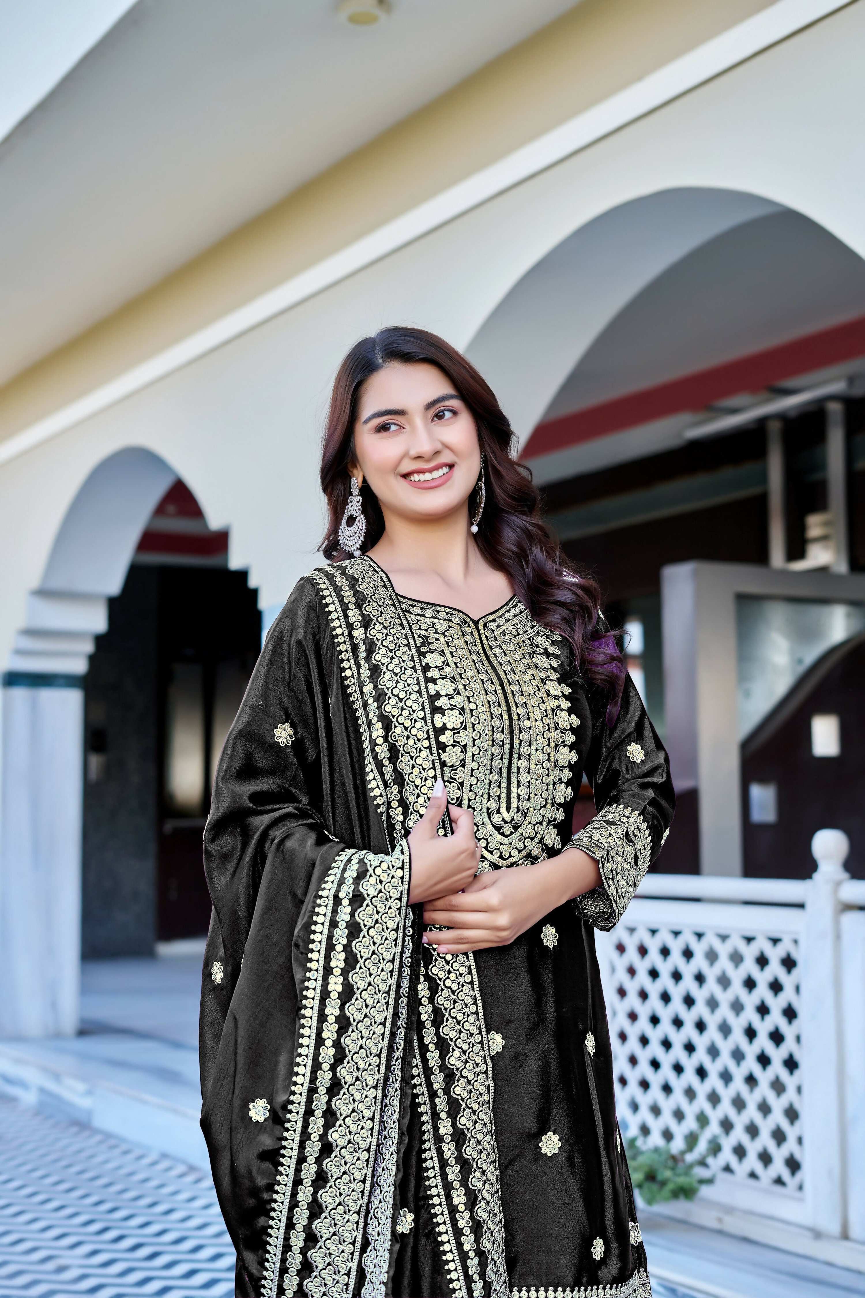Teeya Creation Black Color Chinon Silk Heavy Embroidery Work Wedding Wear Sharara