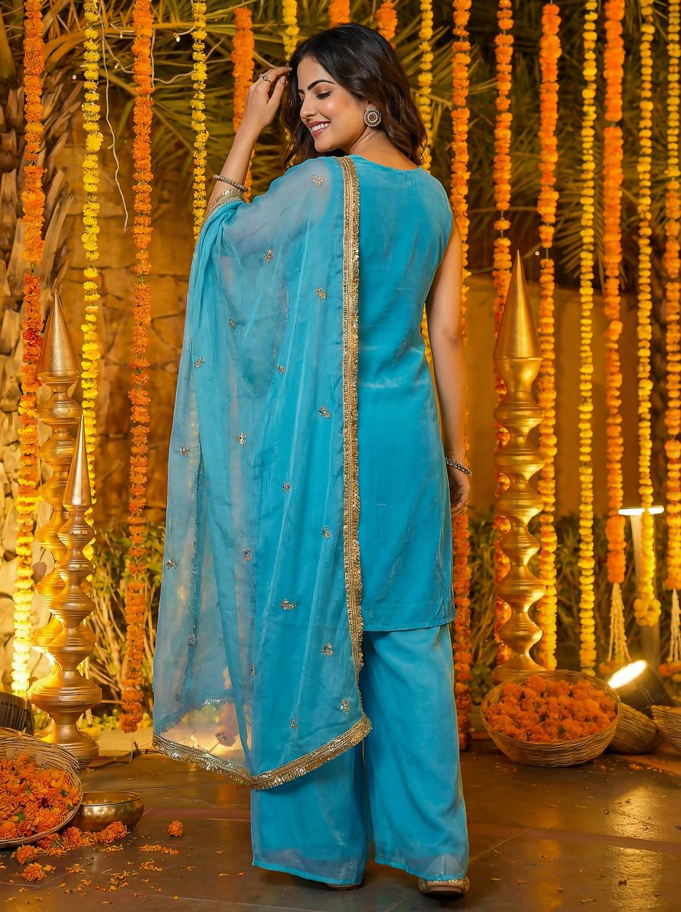 Joban Fashion Blue Silk Embroidered Sharara Set