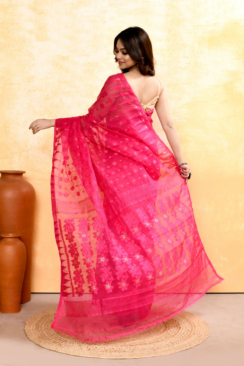 Piyari Fashion Women's Rani Pink Embellished Cotton Blend Jamdani Saree