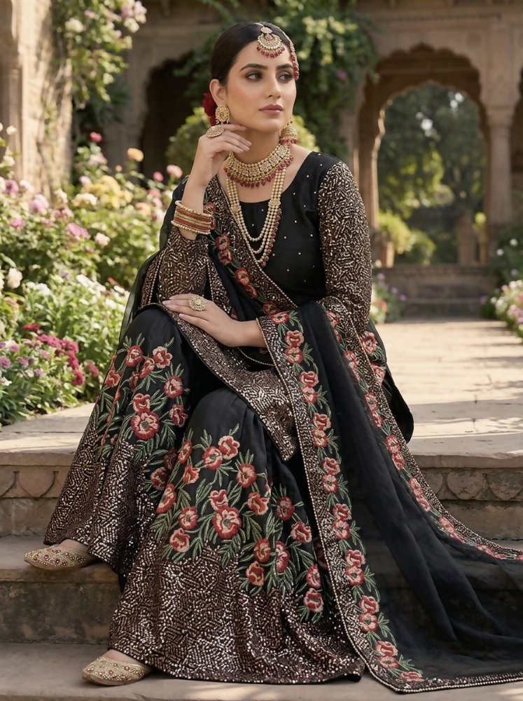 Teeya Creation Black Fendy Silk Heavy Embroidery Work Party Wear Sharara Suit