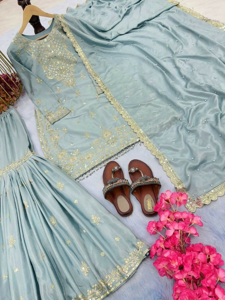 Teeya Creation Mint Green Color Chinnon Silk Embroidery Work Wedding Wear Salwar Suit