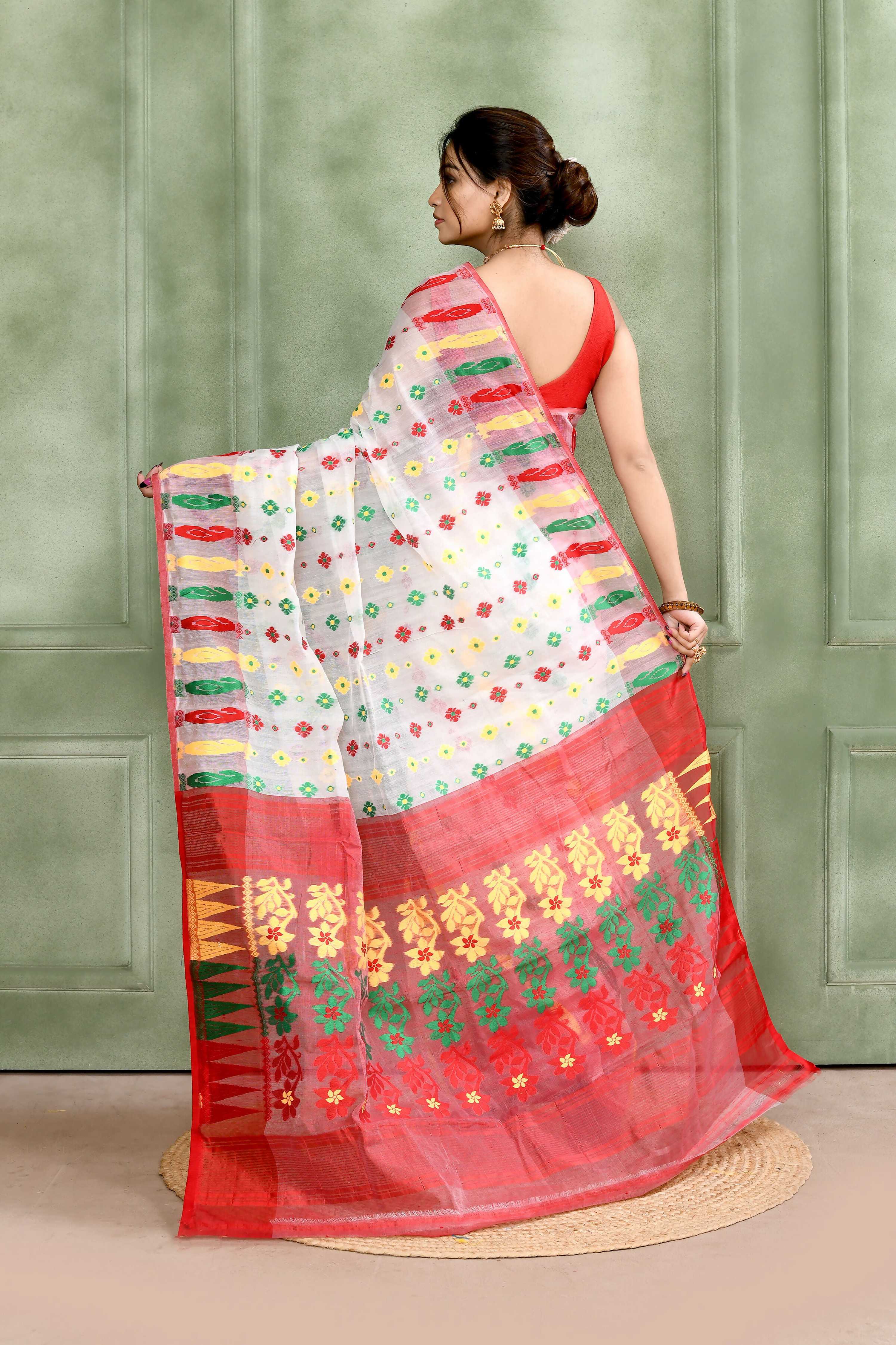 Piyari Fashion Women's White Embellished Cotton Blend Jamdani Saree