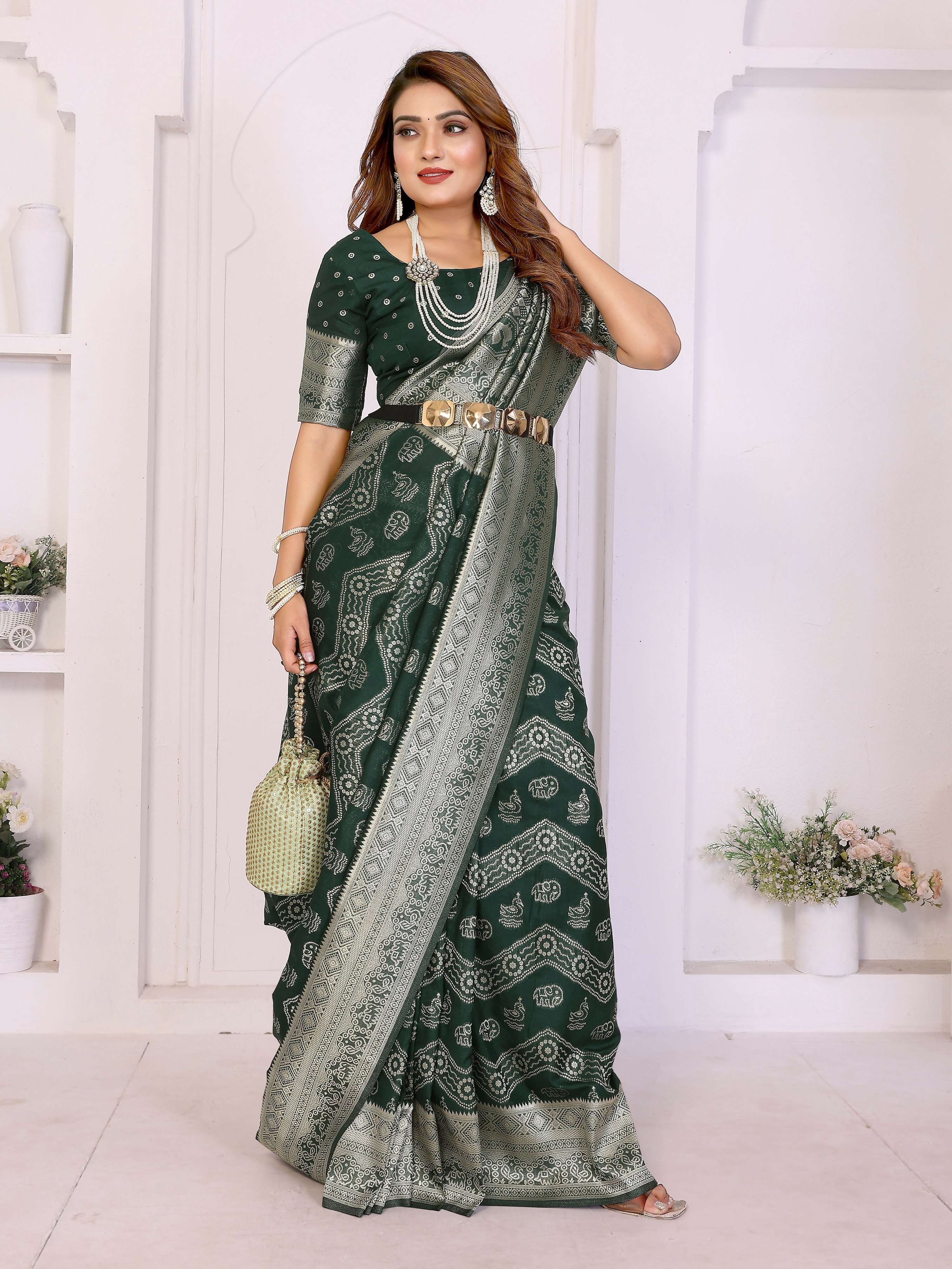 Aastha Fashion Green Georgette Silk Leheriya With Elegant Zari Weaving Saree