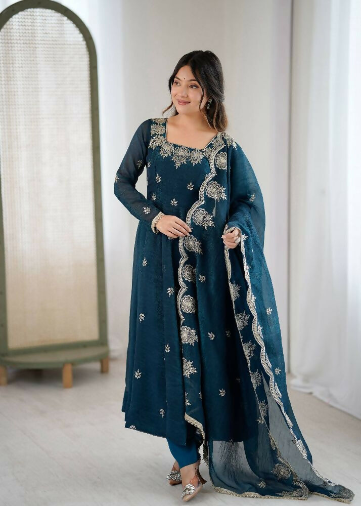 Teeya Creation Morepeach Color Crunchy Silk Embroidery Work Wedding Wear Gown